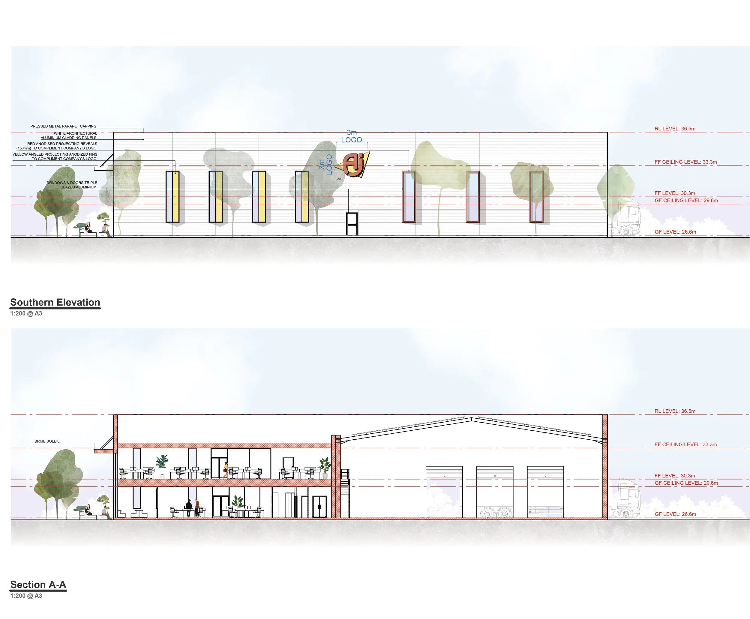 elevation drawings off office development showing white cladding and red yellow window surrounds