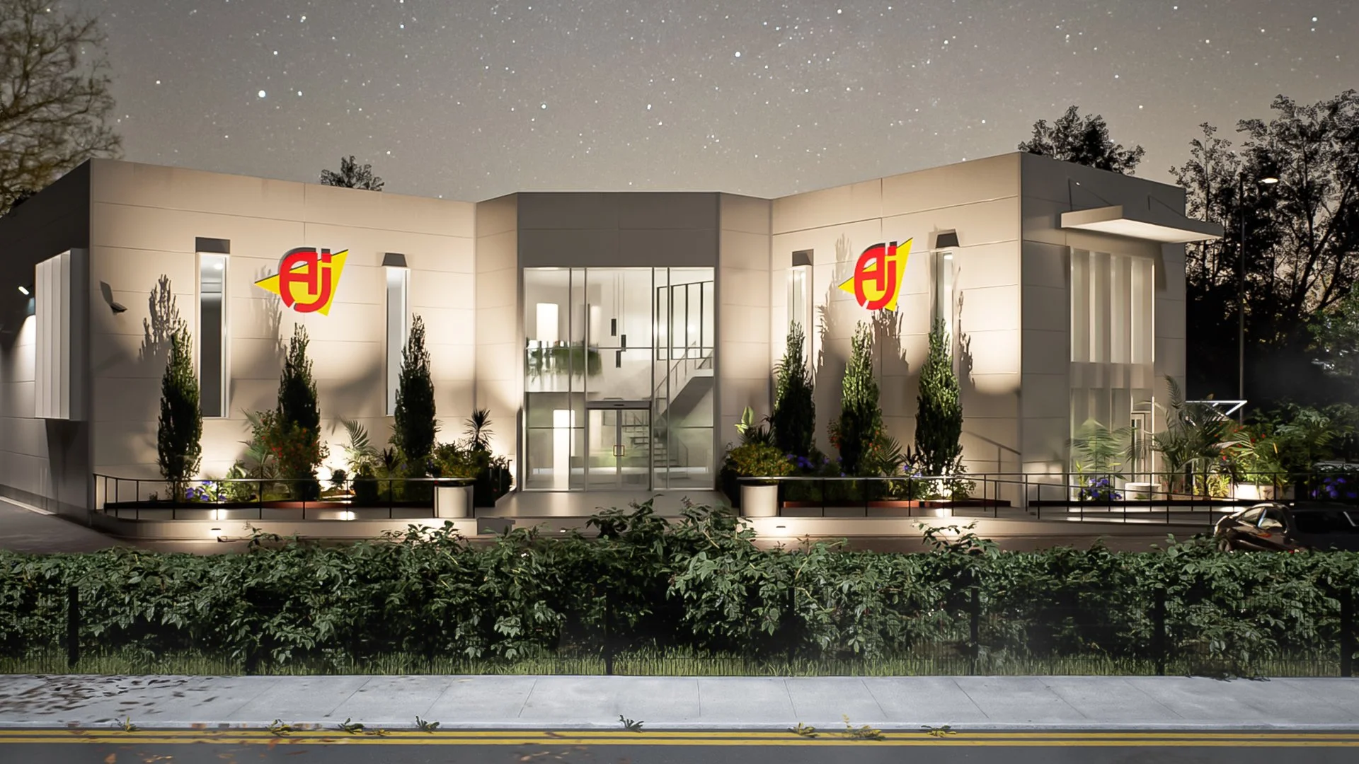 3d night time visualisations of the office development entrance in kilcoole