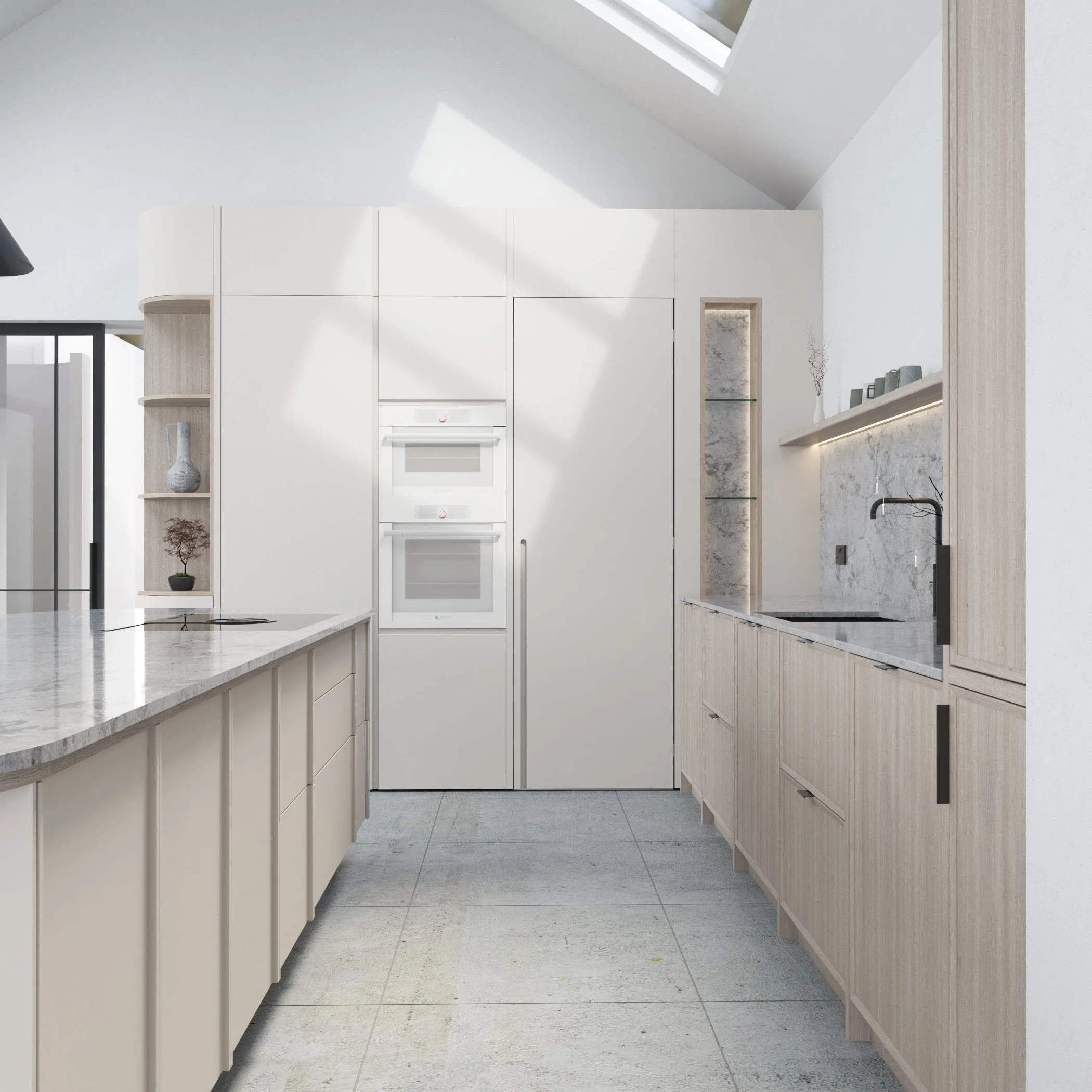 kitchen with a flush hidden door leading to a utility room and black crittall doors to the hallway