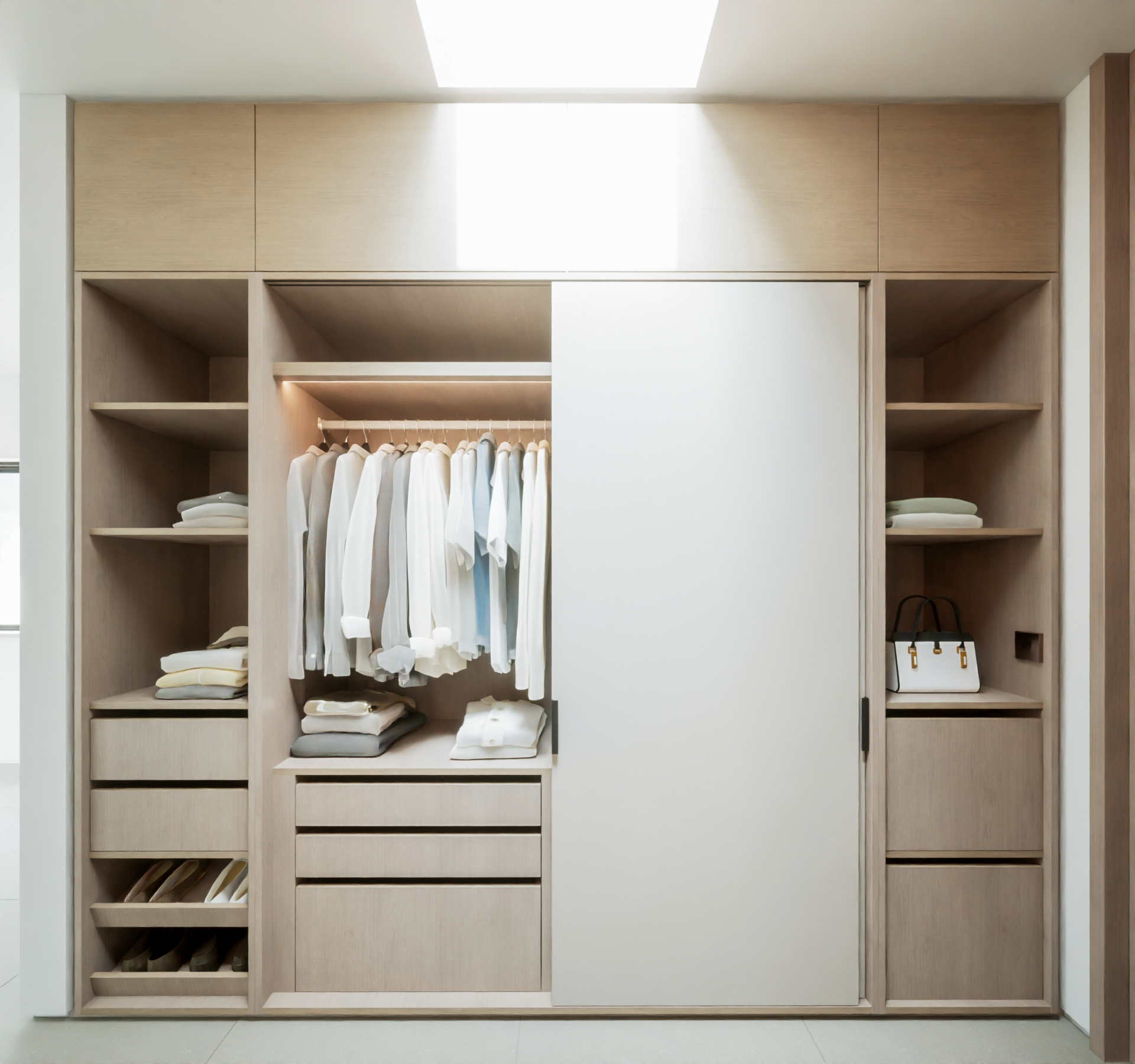sliding door dressing room cabinets with the door opened showing the led lighting within