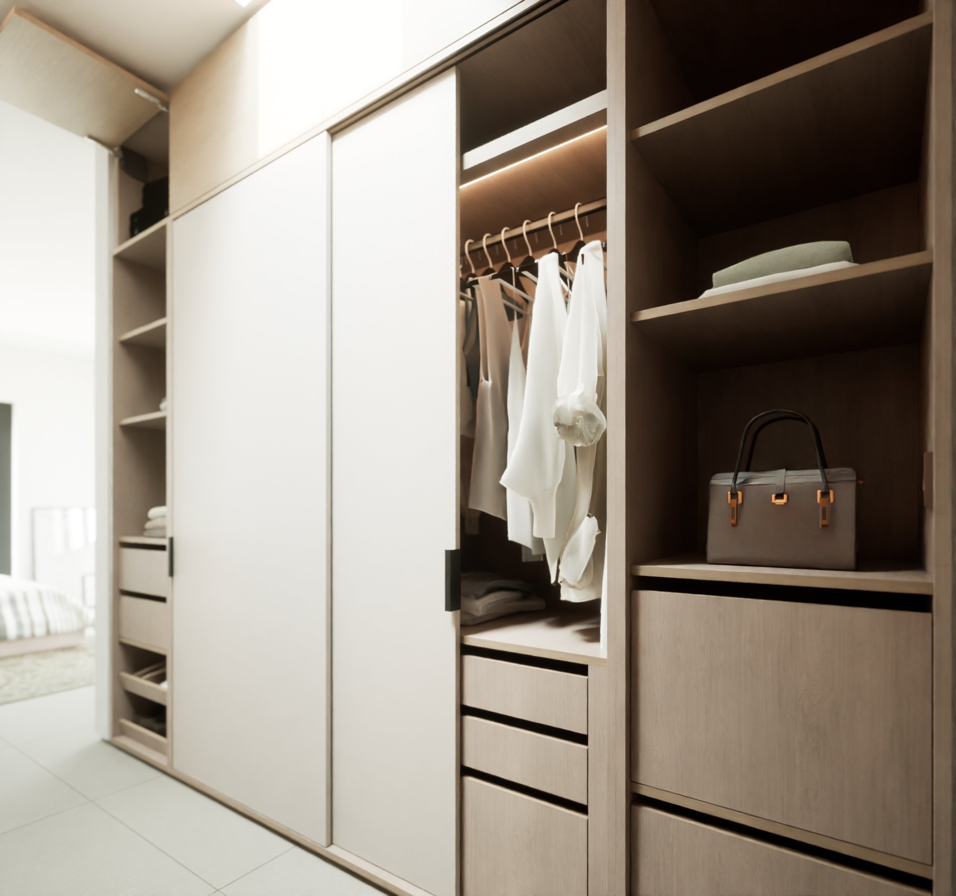 dressing room sliding wardrobes with door open showing the hanging storage inside with a led light in a floating shelf