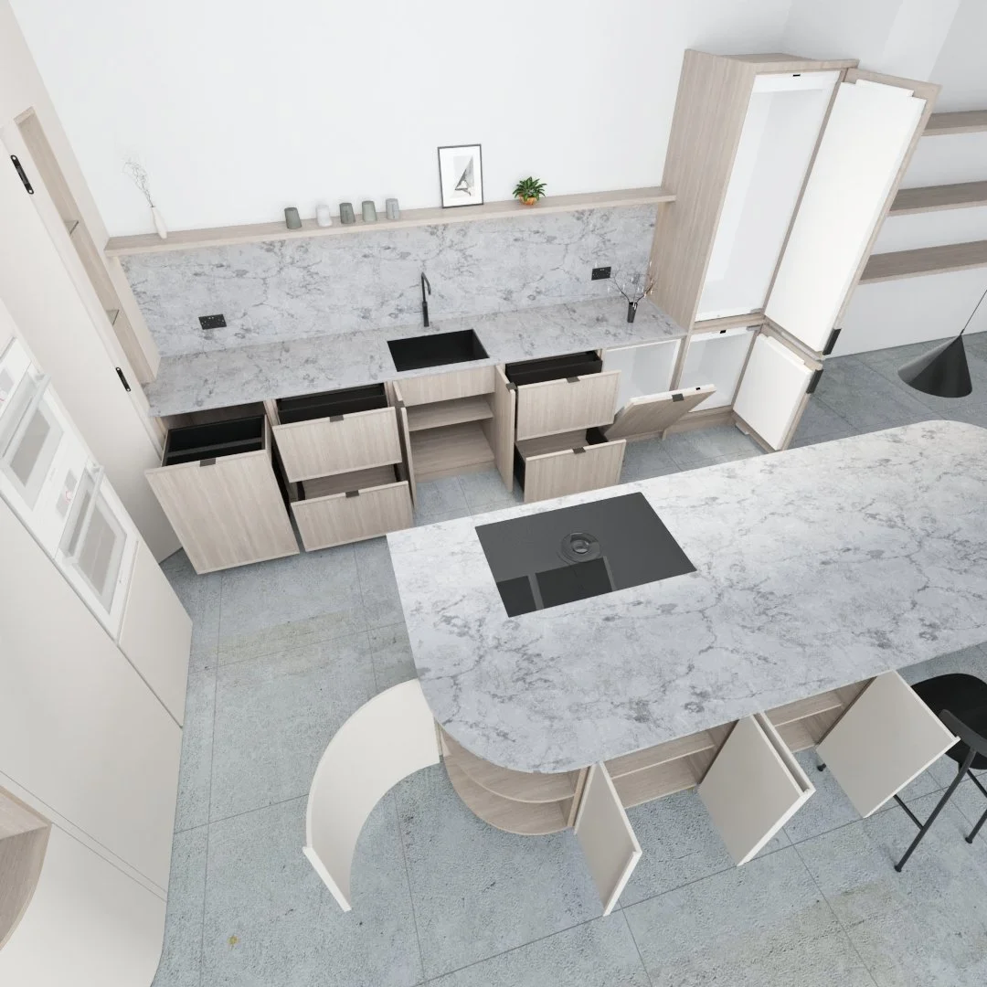 birds eye view of kitchen with cabinet doors and drawers open showing the storage in each with black blum drawer equipment