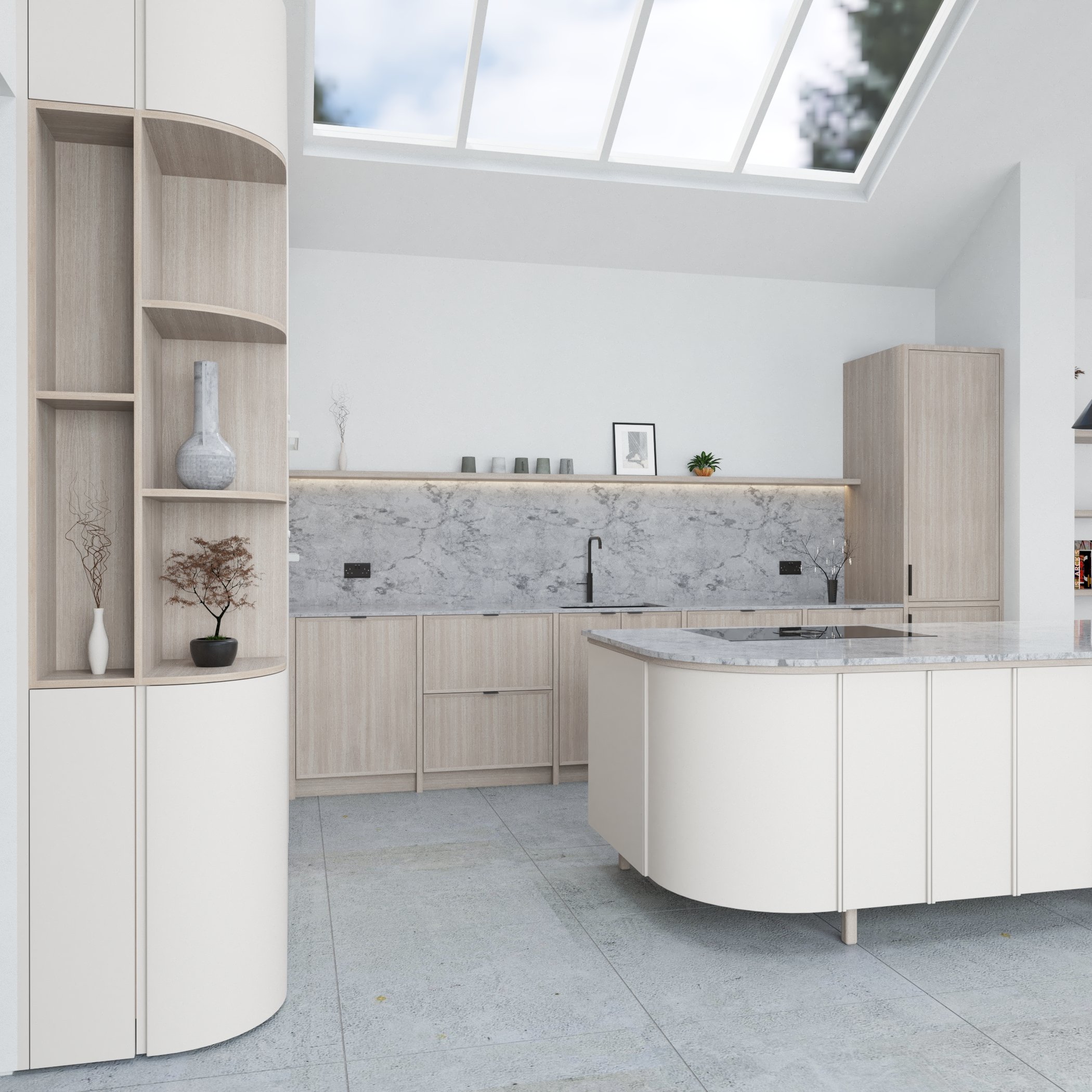 kitchen with off white and timber cabinets with a curved kitchen island and led lighting to floating shelf