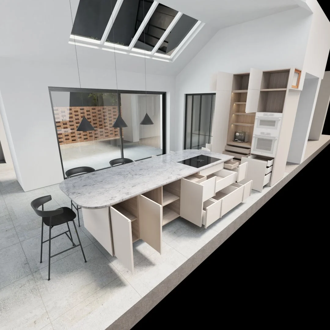 kitchen with the kitchen island cabinet doors open showing the timber storage within and black bar stools and pendants