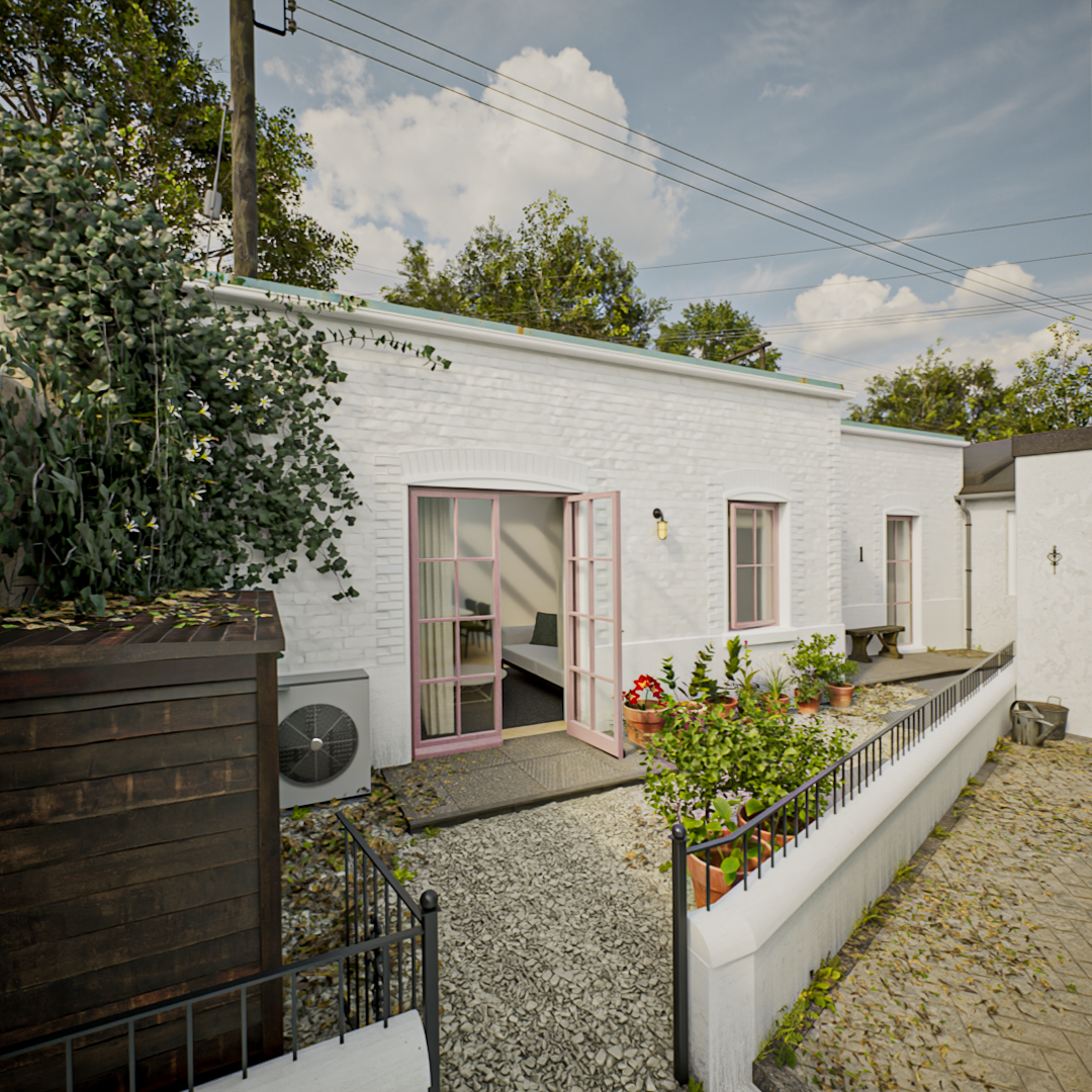 3d render image of the proposed cottage development with white bricks and beige stones to the front of the house