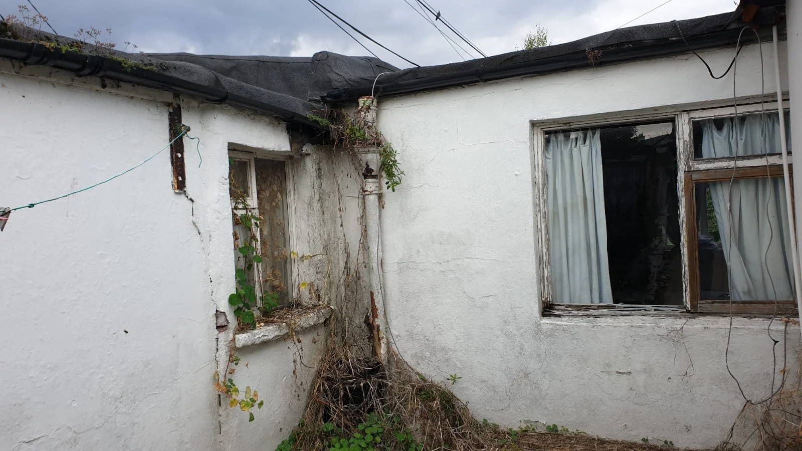 overgrown corner of the cottage with rotten window frames and felt roof