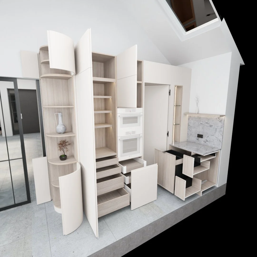 kitchen with all the cabinet doors and drawers open showing the timber veneer storage inside each