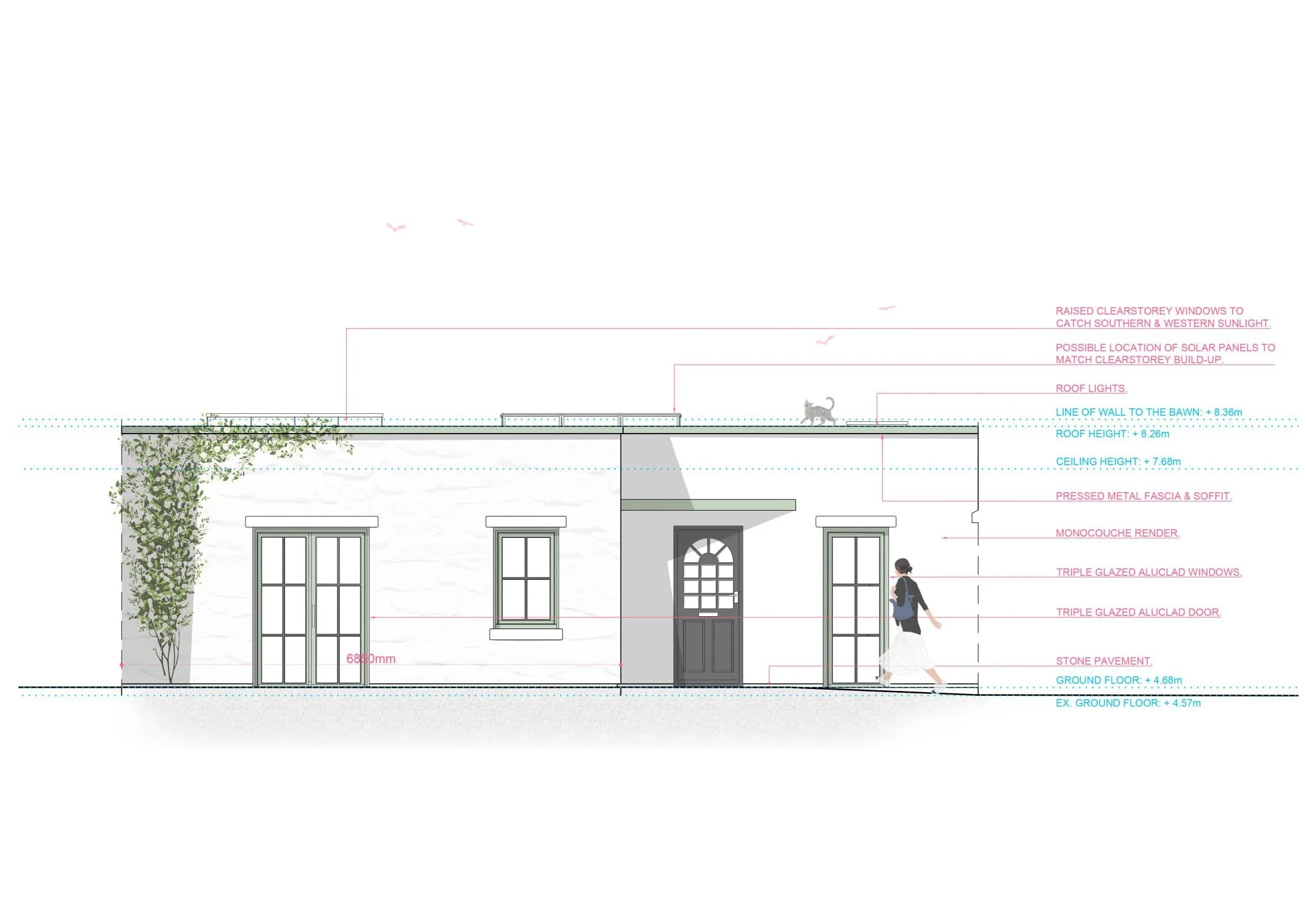 2d visualisation of the elevation of a proposed cottage with heights and annotations explain various elements of the deaign