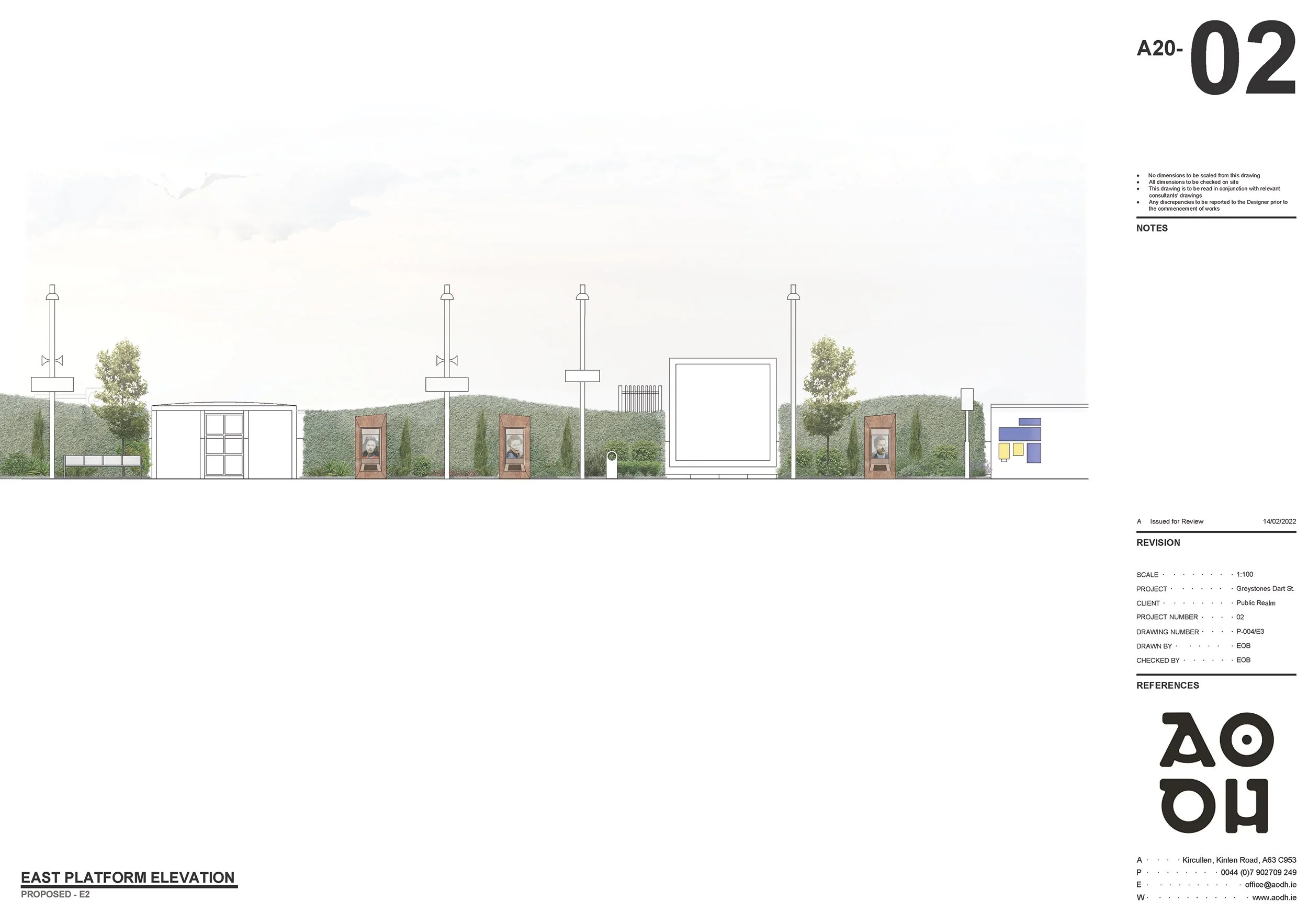 2d elevation image of the left side of the east side platform with a undulating leafy hedge