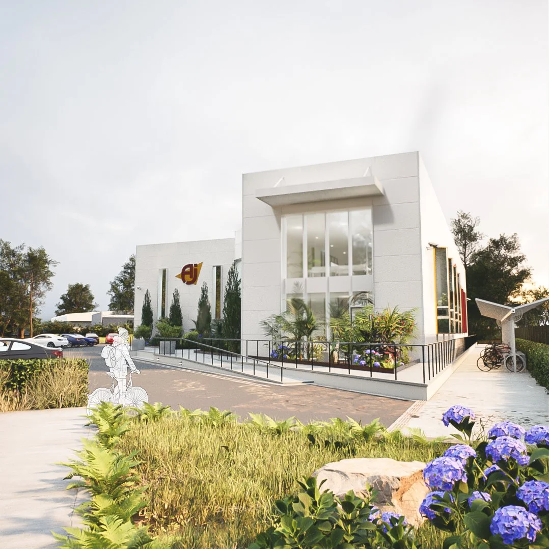 3d perspective visualisation of office development with planting to the foreground