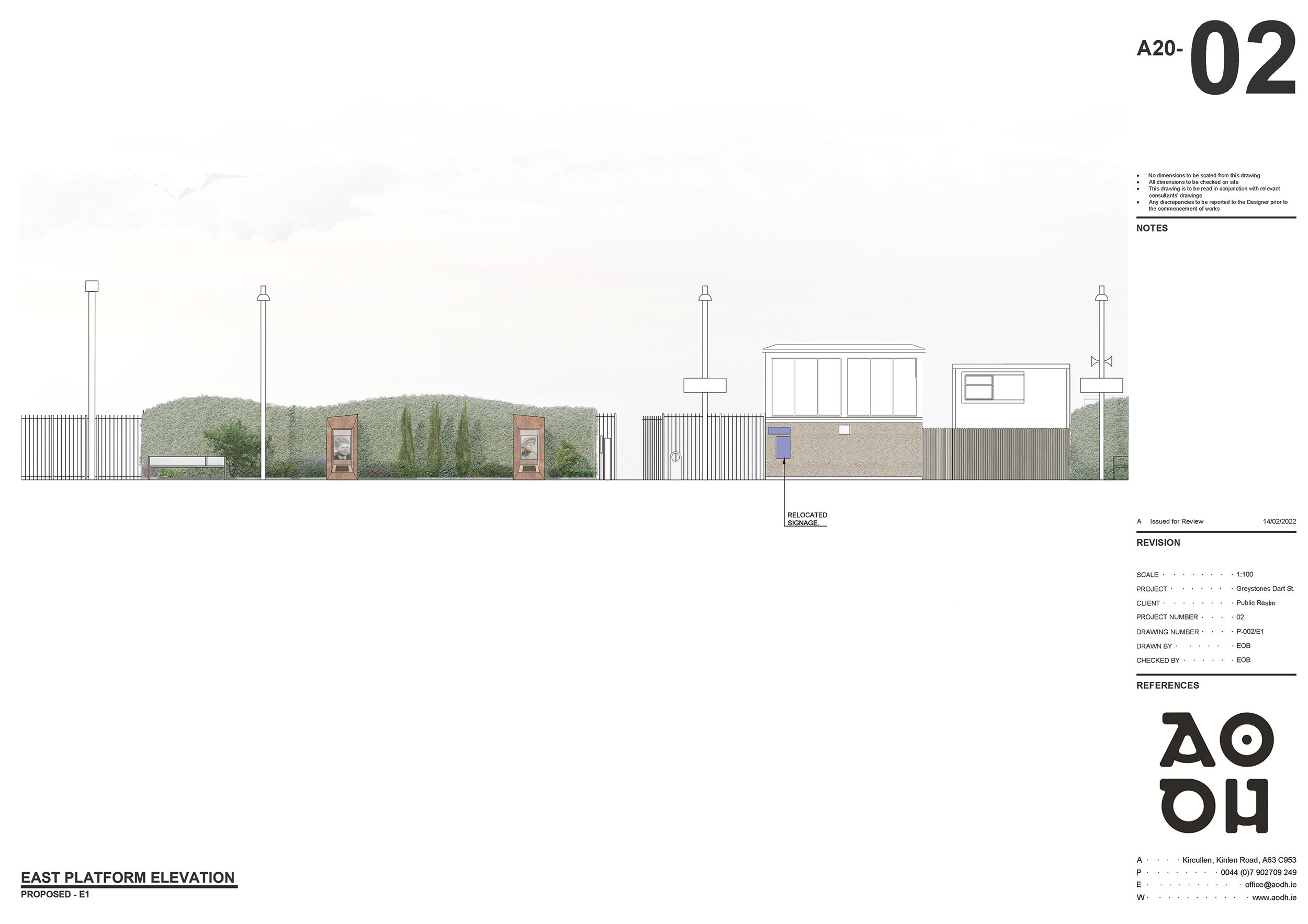 2d elevation drawing showing the middle of the eastern platform and with numerous corten steel totems central