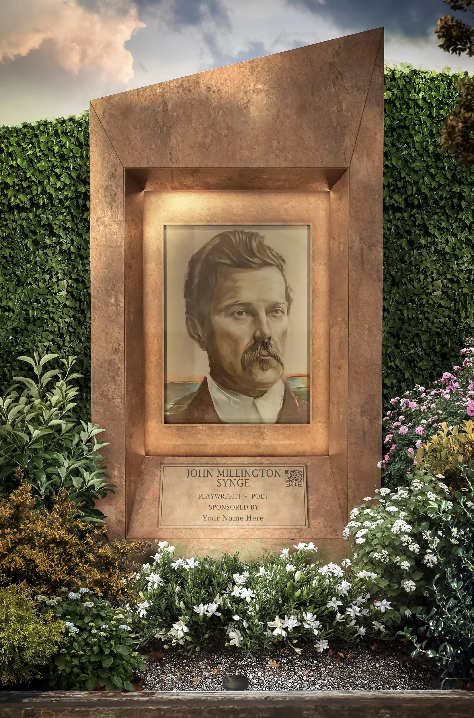 3d visualisation render of a corten steel totem statue showcasing a famous irish resident of greystones