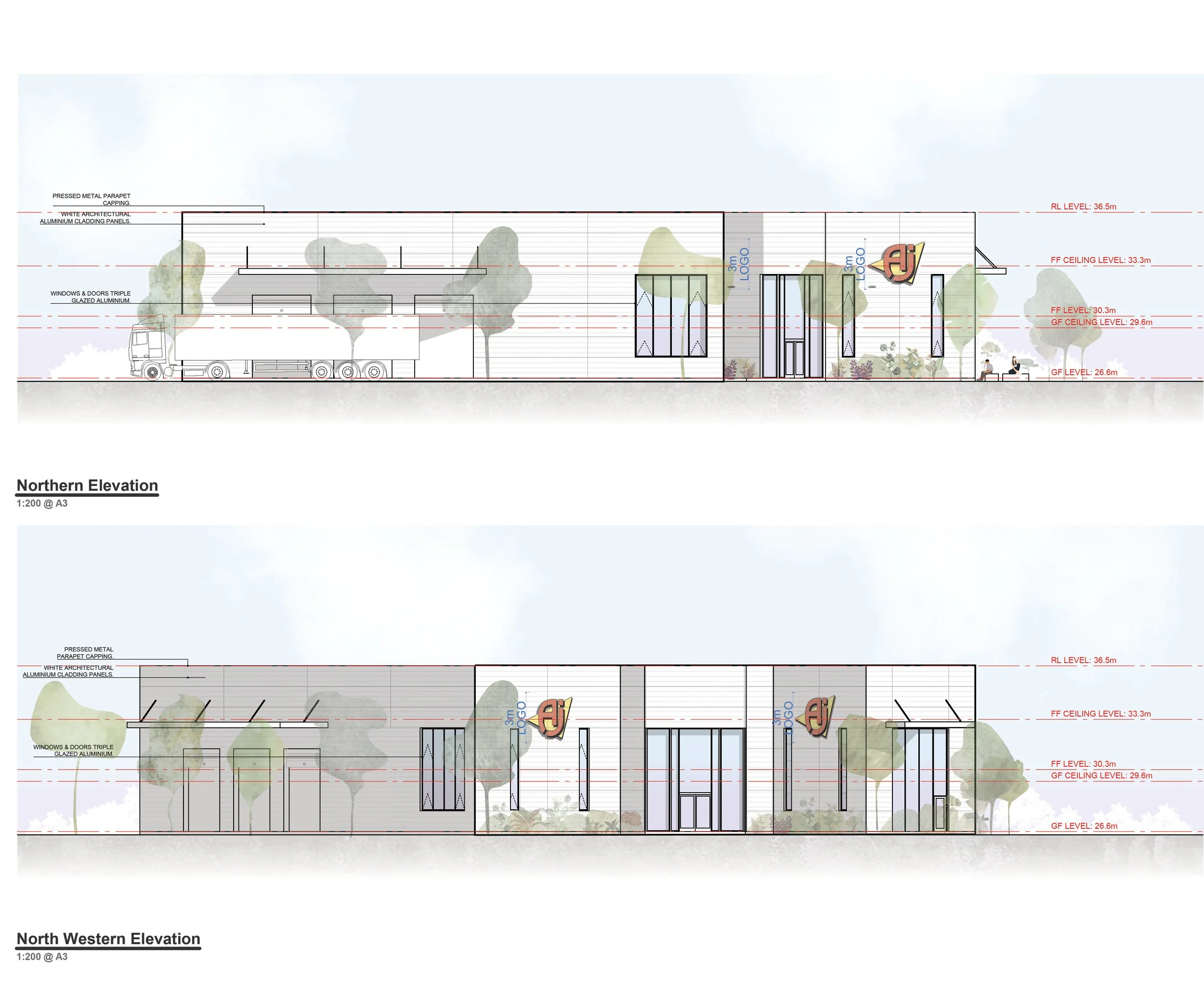 2d elevation drawings of office development white cladding truck loading bay