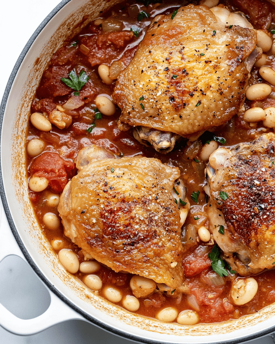 One-Pan Tomato Braised Chicken Thighs with White Beans