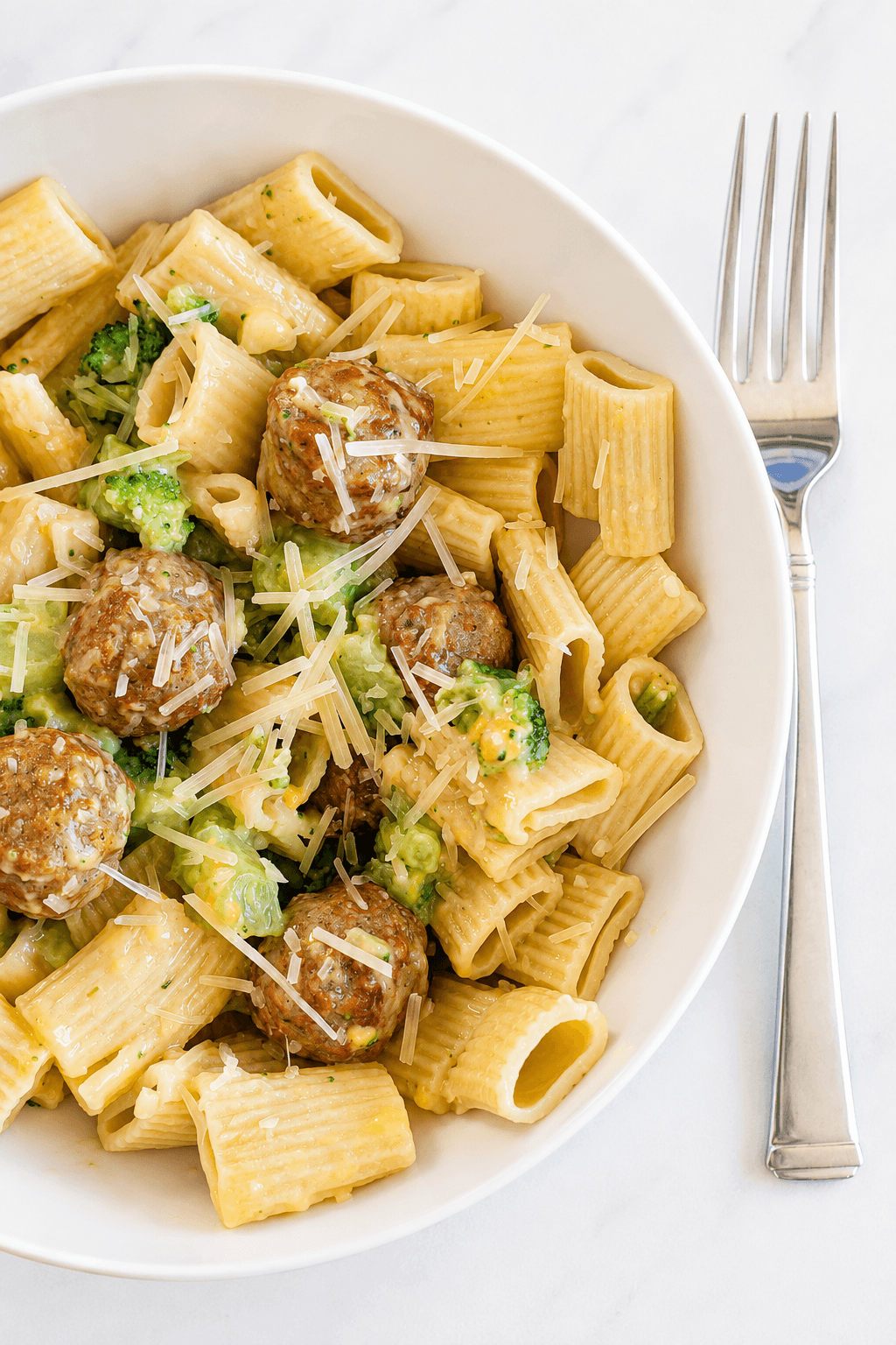 Creamy Rigatoni with Meatballs and Broccoli