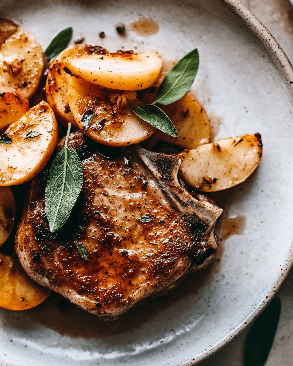 Pumpkin Pie Spiced Pork Chops with Maple-Glazed Apples and Sage