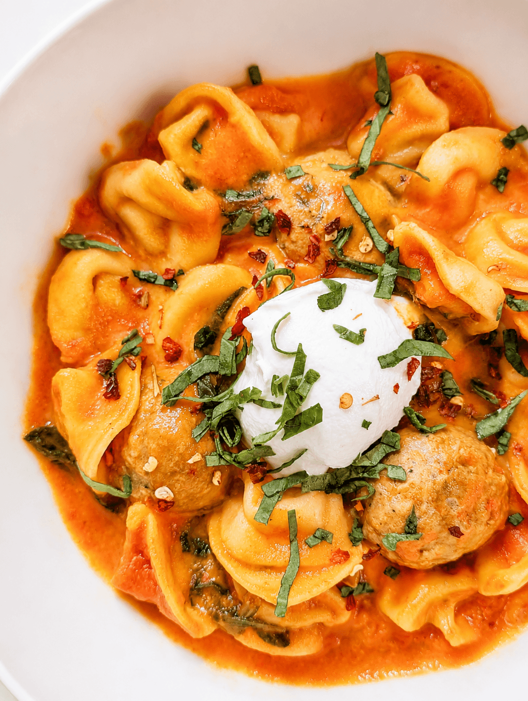 Creamy Roasted Red Pepper Tortellini with Chicken Meatballs