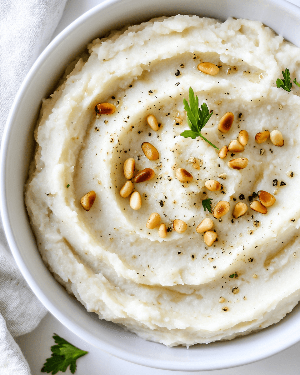 Roasted Garlic Cauliflower Mash with Toasted Pine Nuts