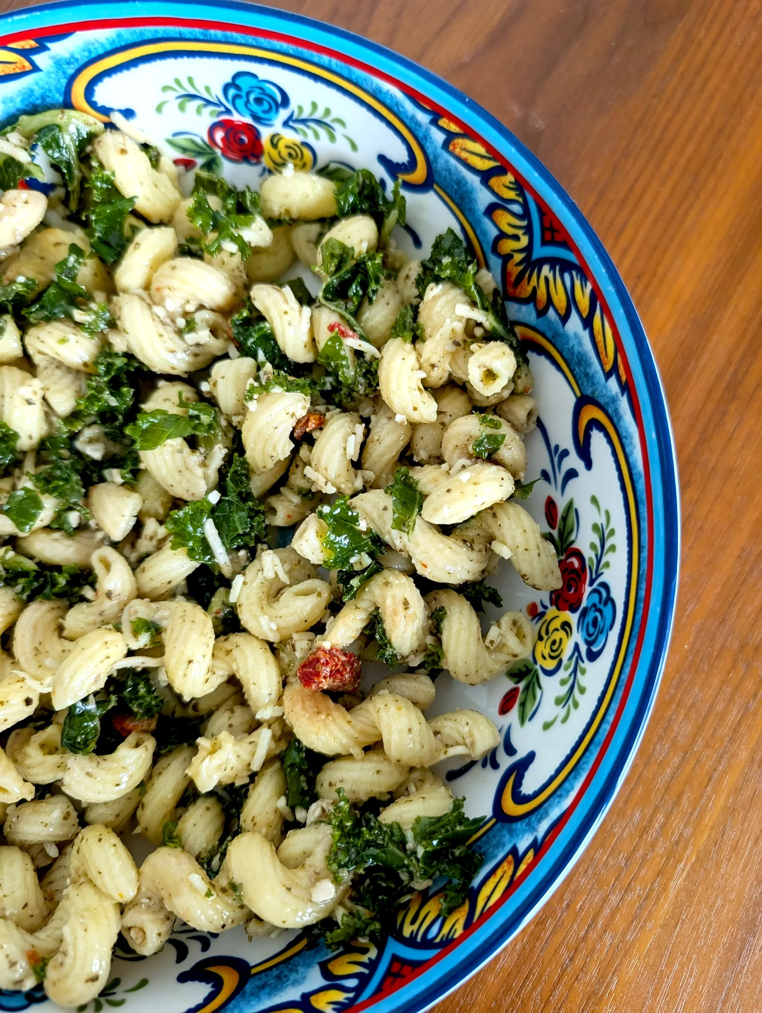 Basil-Kissed Cavatappi Pasta Salad with Sundried Tomatoes &amp; Kale
