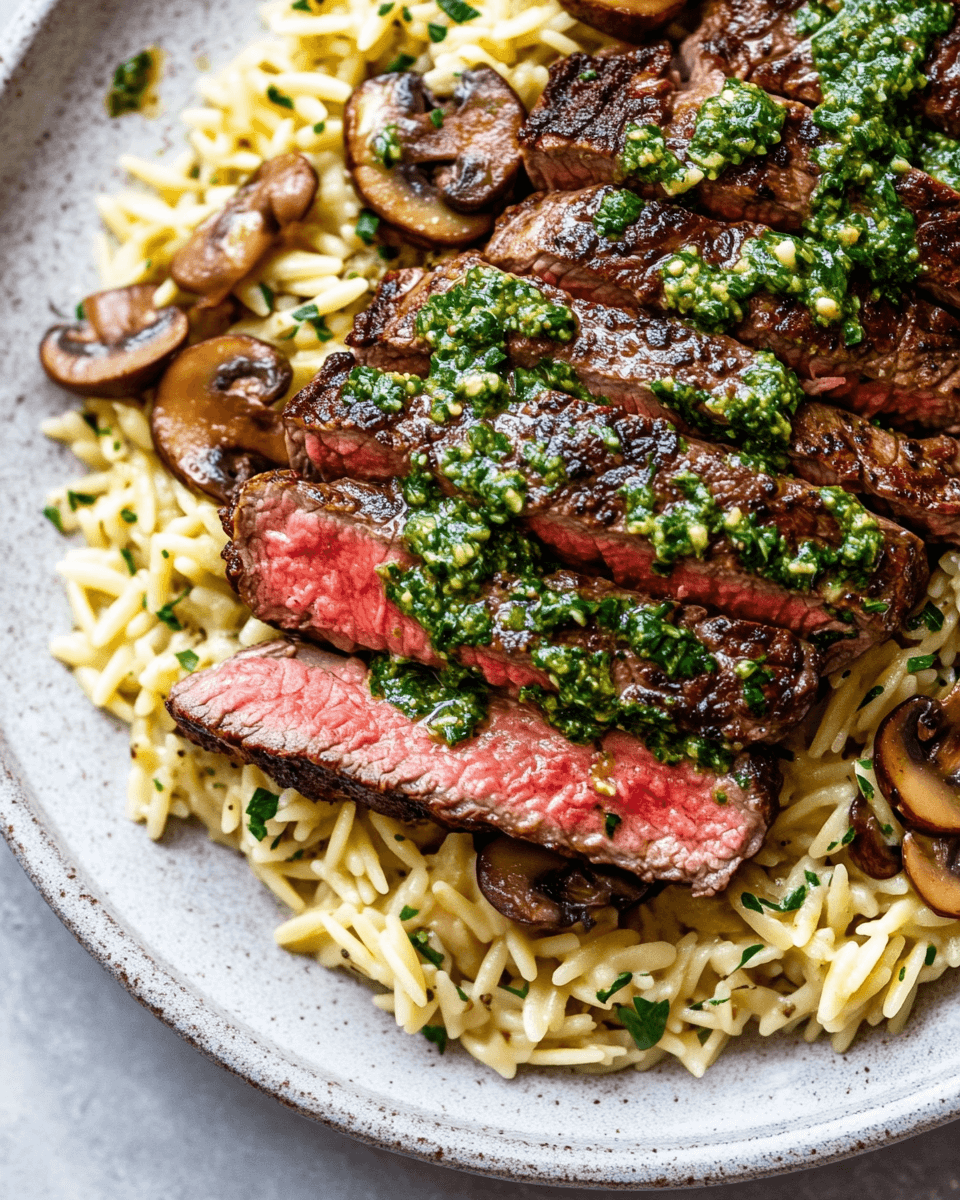Seared Steak with Mushroom Orzo &amp; Chimichurri