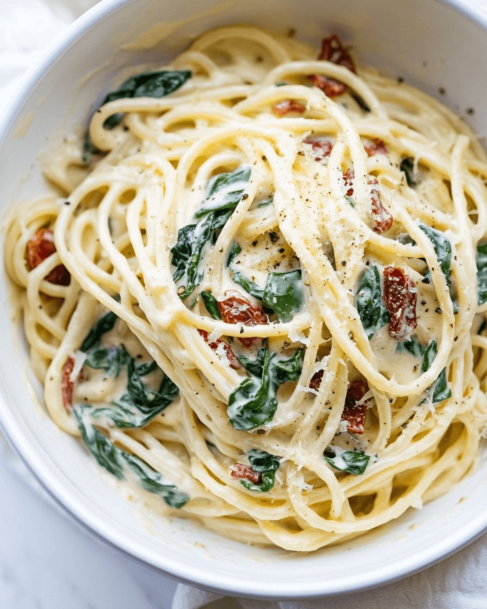 Creamy Garlic Parmesan Pasta with Spinach and Sun-Dried Tomatoes