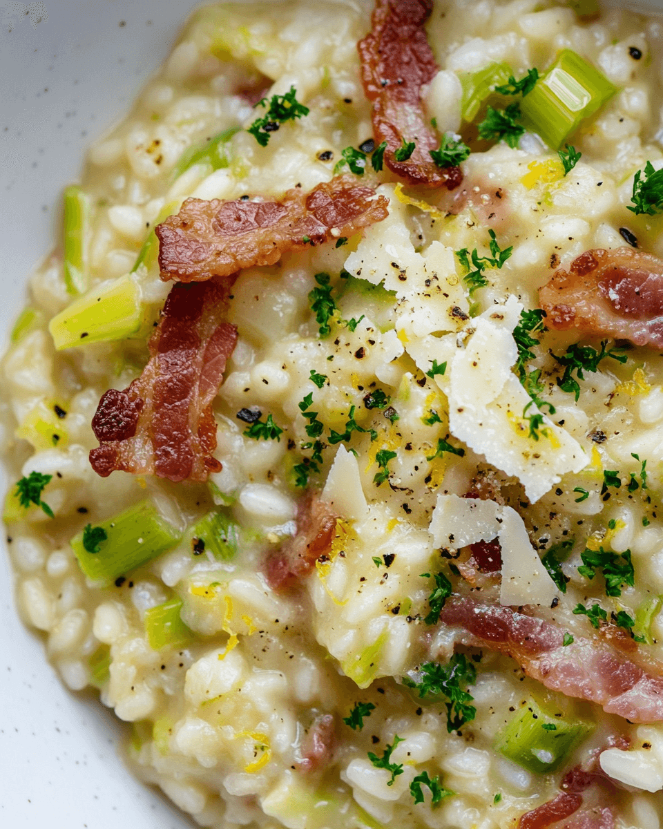 Crispy Bacon and Leek Risotto with Parmesan and Lemon Zest