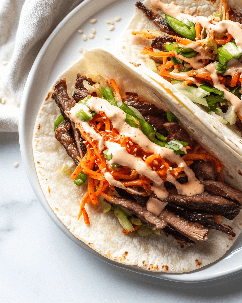 Korean BBQ Tacos with Kimchi Slaw and Gochujang Crema