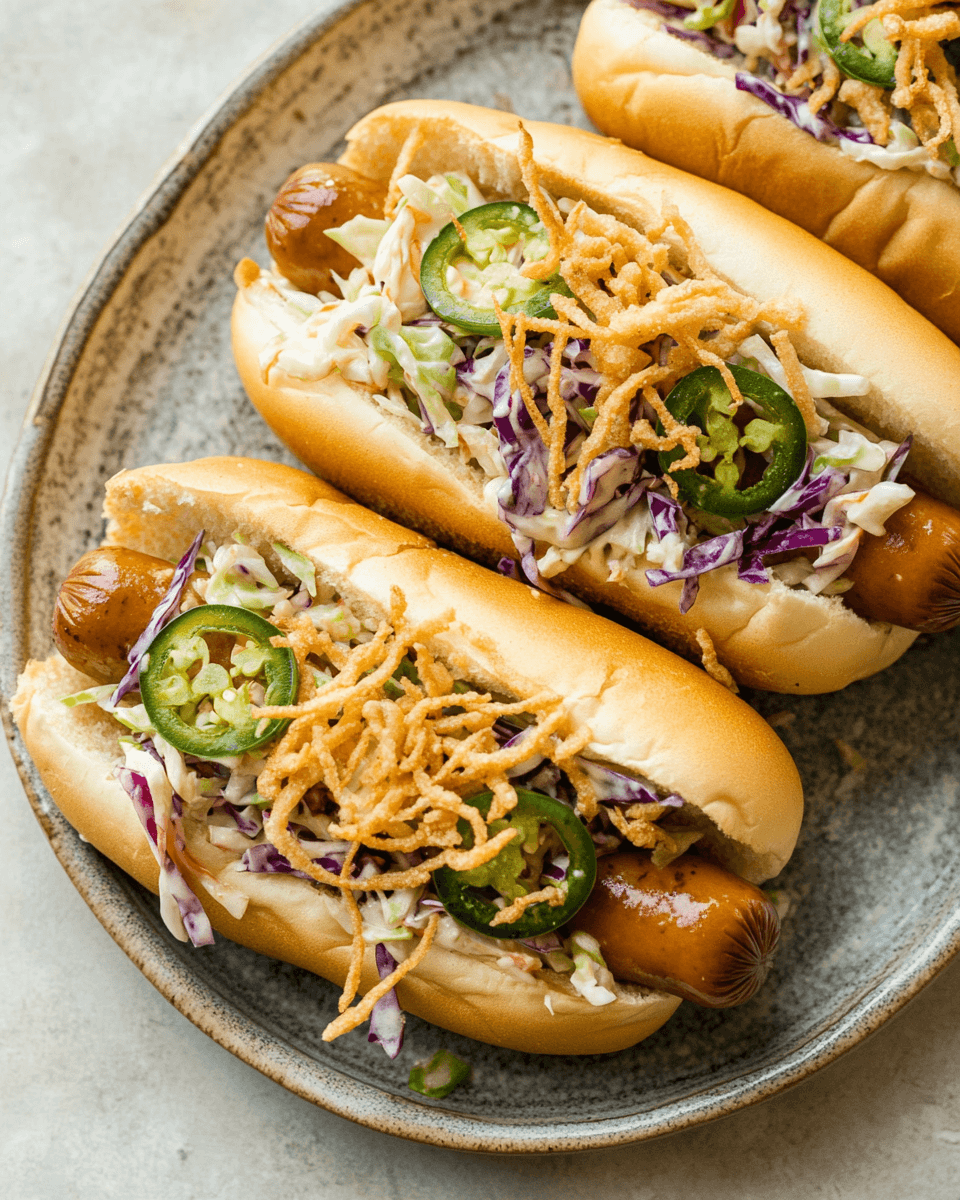 Creamy Jalapeño Slaw Hot Dogs with Crispy Shallots