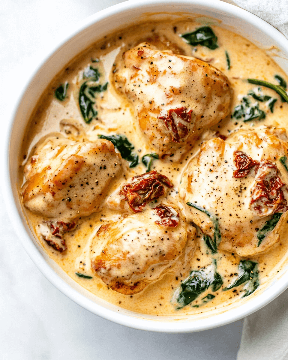 Slow Cooker Tuscan Chicken with Sun-Dried Tomatoes &amp; Spinach