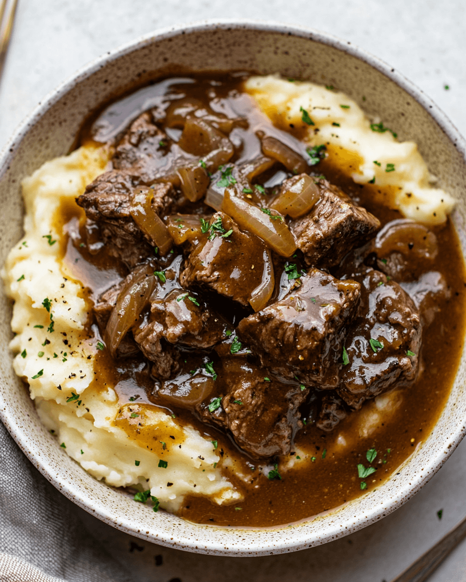Lazy Slow Cooker Beef Tips in Savory Onion Gravy