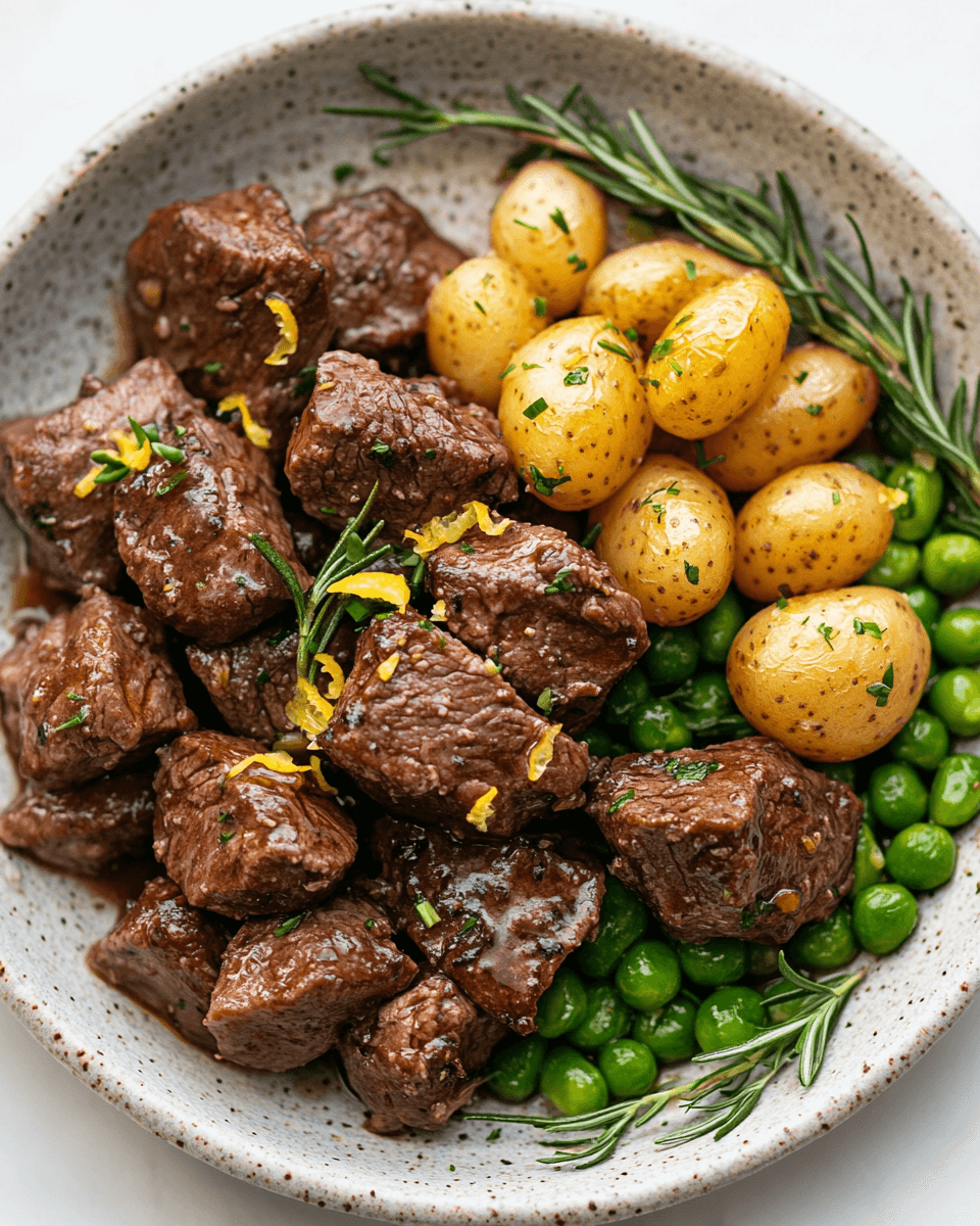 Rosemary Garlic Beef Tips with Lemon Butter Peas &amp; Potatoes