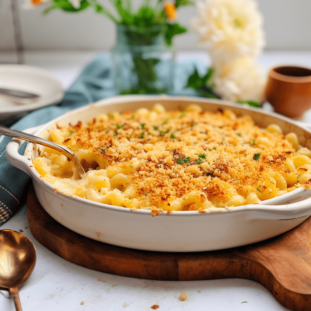A casserole dish filled with baked macaroni and cheese topped with a breadcrumb crust, garnished with herbs. The dish is placed on a wooden board, with flowers and dinnerware in the background.