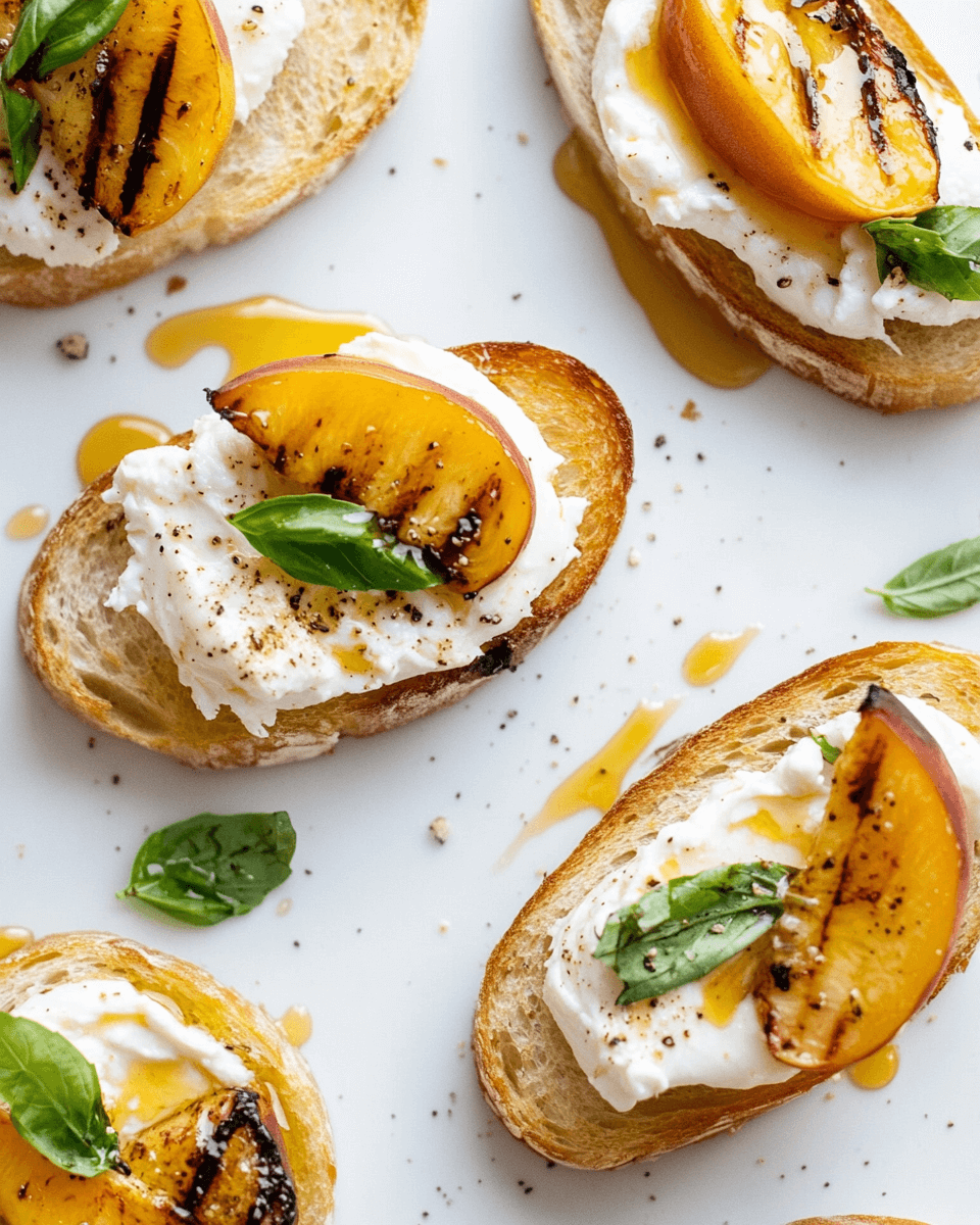 Grilled Peach &amp; Burrata Crostini with Hot Honey