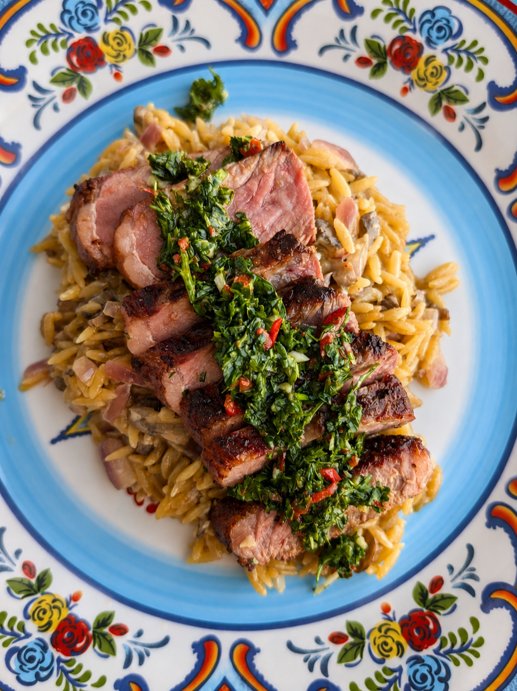 Seared Steak with Mushroom Orzo &amp; Chimichurri