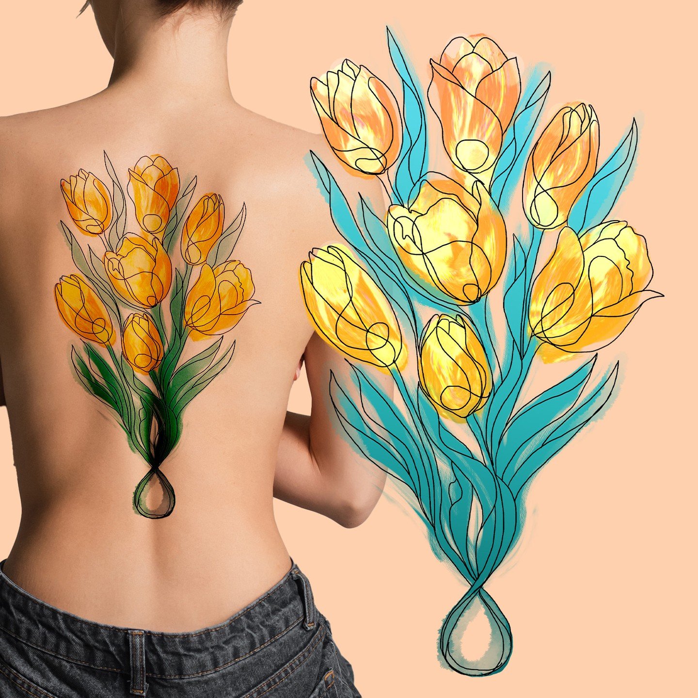 Tattoo design (and mockup) for @jeyprnssa, featuring tulips&ndash;a symbol of resilience in the midst a harsh environment. I included seven blooms to symbolize fulfillment. Intentionally drew the bottom part to look like the number eight to signify n