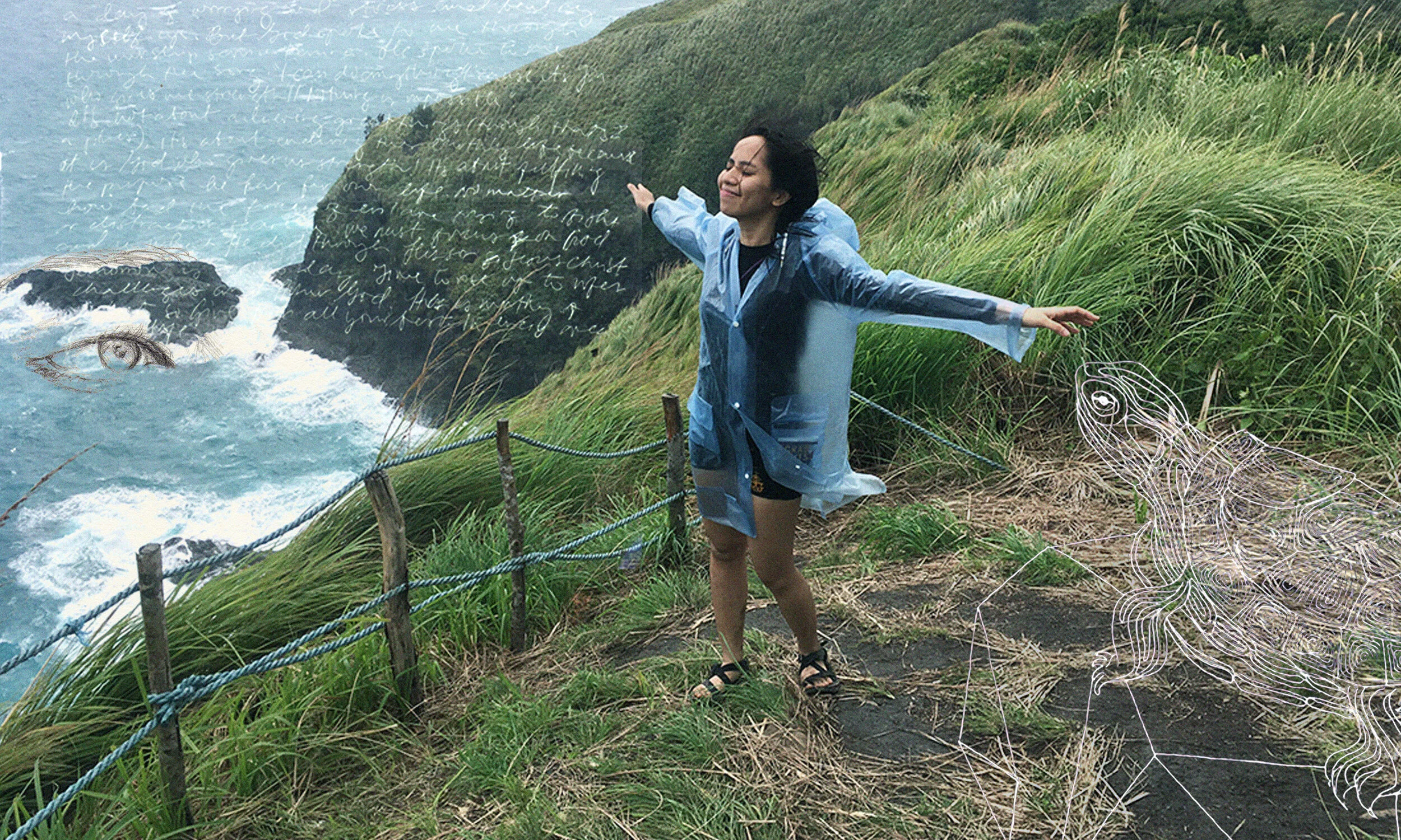A young woman with long dark hair standing on a grassy cliff edge, wearing a blue raincoat, with arms outstretched and eyes closed, overlooking the ocean with waves crashing against rocks in the background. There are faint handwritten notes overlaid on the image and an outline drawing of a lion in the bottom right corner.
