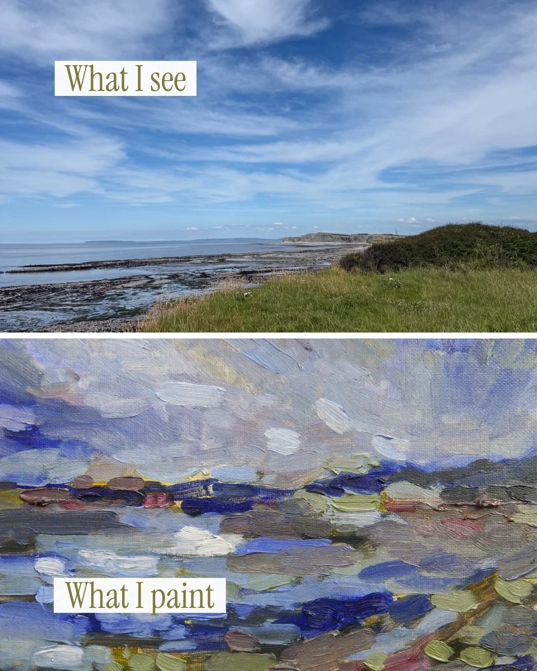 What I saw vs what I painted 🌊

My paintings are always less about capturing every detail, more about the light, movement, colour and feeling of being there. So seeing the view and the painting side-by-side is always interesting&hellip;

These works