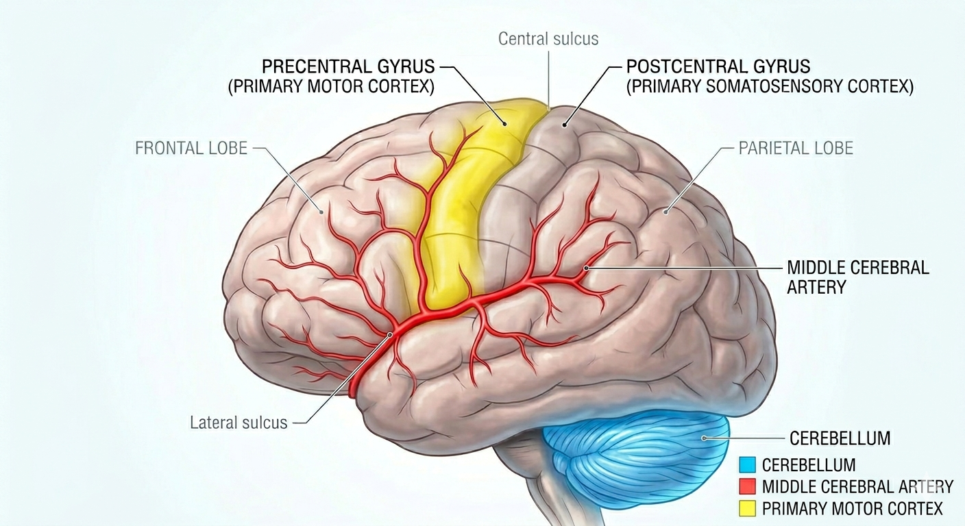 Image of the brain highlighting the cerebellum, middle cerebral artery and primary motor cortex