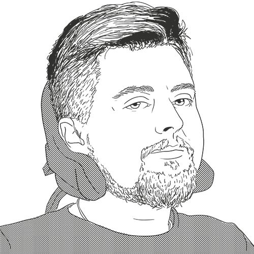 Monochrome portrait illustration of Jamie, a white person with short hair and a beard, and wearing a t-shirt. Their head is on a wheelchair headrest