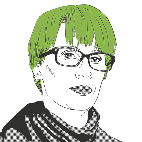 Portrait illustration of Ever, monochrome apart from her green hair, which is short and straight, with a long fringe. She has a lip ring, black-framed glasses, and has a punk librarian vibe