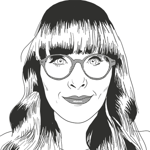 Striking monochrome portrait illustration of cat, a white woman who has a long straight fringe, and long wavy hair flowing down over her shoulders. She has wide eyes, is wearing glasses, and has a slight smile