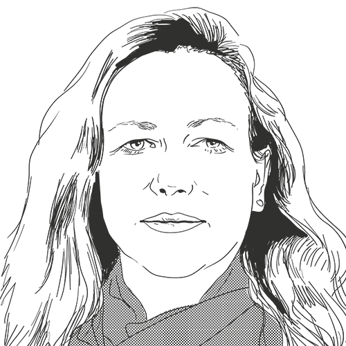 Monochrome portrait illustration of Helen, a white woman who’s smiling slightly. She has long hair framing her face and flowing over her shoulders