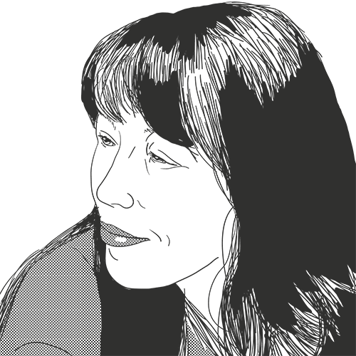 Monochrome portrait illustration of Maud, a woman with long straight dark hair with a fringe. She’s looking off to the side with a slight smile, contemplative