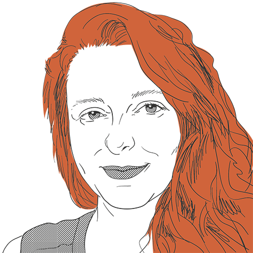 Portrait illustration of Julie, monochrome apart from a striking splash of red hair which cascades over her left shoulder. She is smiling, warmth evident in her eyes