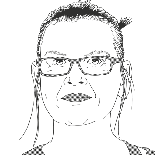 Monochrome portrait illustration of San. They’re a white person in their 40s wearing black glasses, and with a silver hoop eyebrow piercing. Their shoulder-length hair is up in a messy bun with some wisps hanging down. They’re looking slightly to the side with an almost-smile