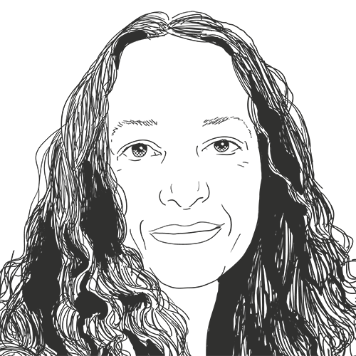 Monochrome portrait illustration of Jeda, a mixed-race woman with a warm smile. She has long brown curly-frizzy hair that frames her face and flows down over her shoulders