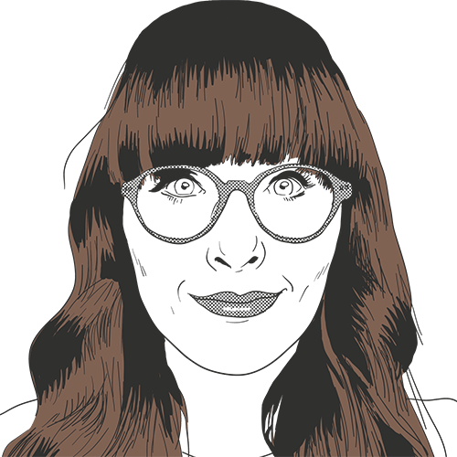 Portrait illustration of Cat, monochrome apart from her very dark brown hair which cascades over her shoulders. She has a long, straight fringe, glasses, and is giving the viewer a friendly smile