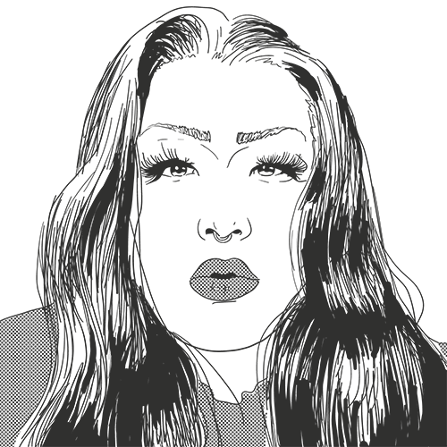 Monochrome portrait illustration of Bea, a mixed race person with long dark hair framing their face and flowing over their shoulders. They have long eyelashes, a septum nose ring, and they’re wearing lipstick, giving a slight pout, exuding glamour