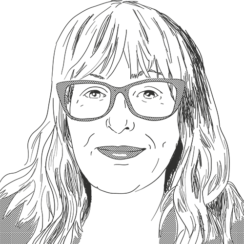 Monochrome portrait illustration of Jen, a thirtysomething white woman, smiling. She is wearing large, thick-framed glasses and a wig with a fringe, hair flowing down over her shoulders