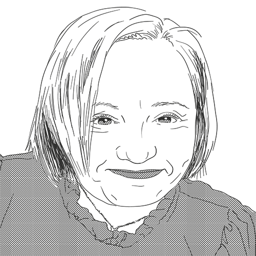 Monochrome portrait illustration of Penny, a white woman smiling with a glint in her eye. She’s wearing a top with a slightly ruffled neckline, and has straight hair in a bob with a side parting